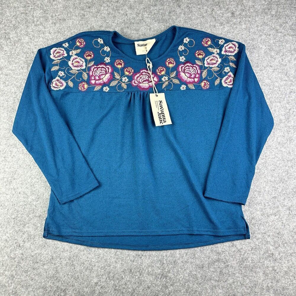 Savanna Jane Embroidered Sweater Top Womens S Floral Boho Western Cottage NEW